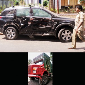 The Chevrolet car (top) which was rammed into by the water tanker (Below) before it hit the pedestrians on SV Road in Goregaon on Monday. Shraddha Bhargava Chaturvedi DNA